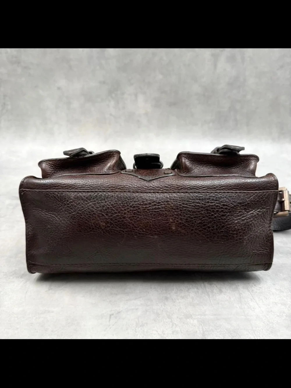 Mulberry Dark Brown Pebbled Leather Shoulder Bag with Buckle Pockets